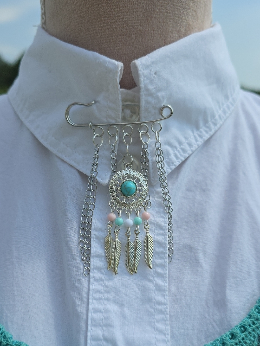 Artisian Silver and Turquoise Boho Brooch